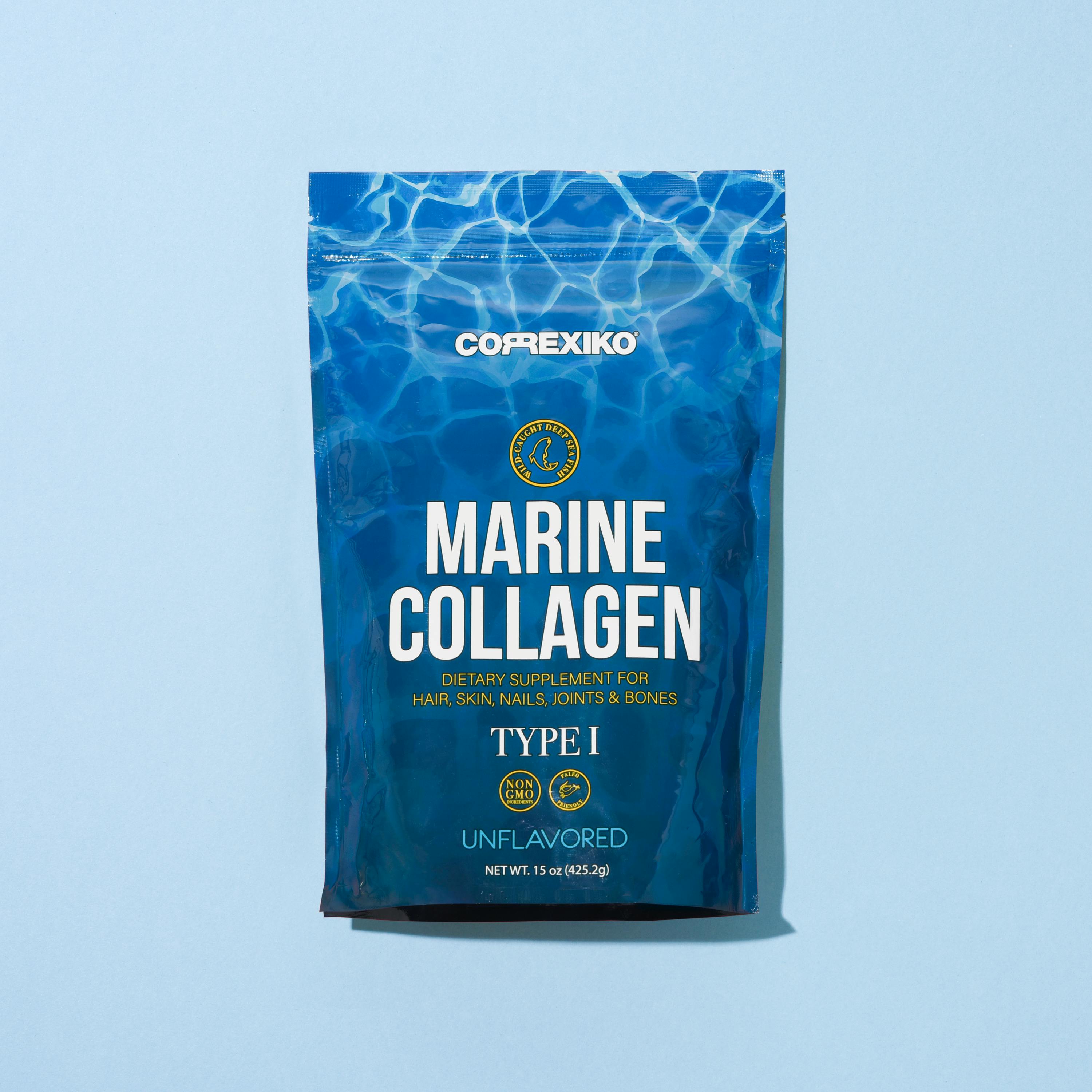 collagen supplement product on blue background