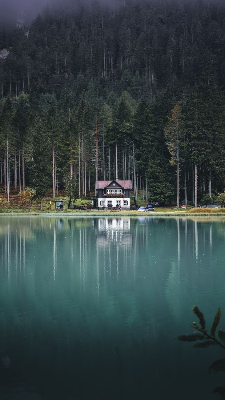 Picturesque view of small remote cottage located on tranquil blue lake coast near thick coniferous woodland in peaceful nature