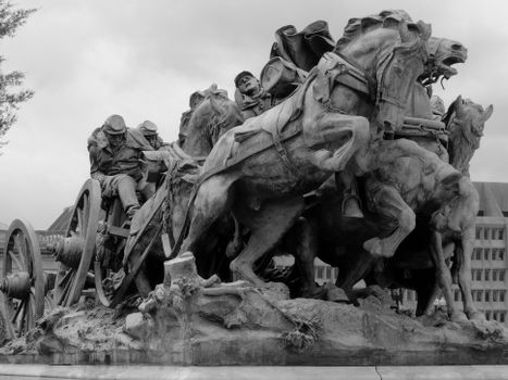 Black and white photo of the Ulysses Grant Memorial statue in Washington D.C.