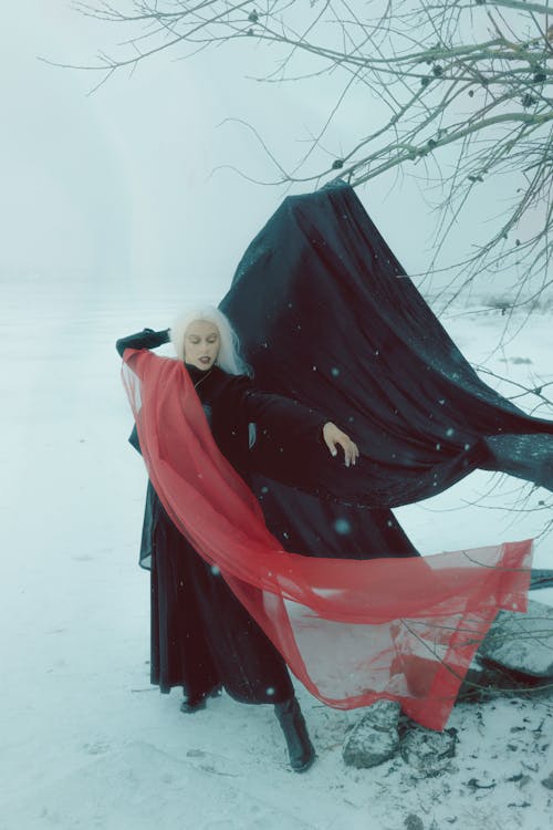 Full body of serious young witch with long white hair in Gothic outfit standing on snowy terrain near leafless tree against foggy sky