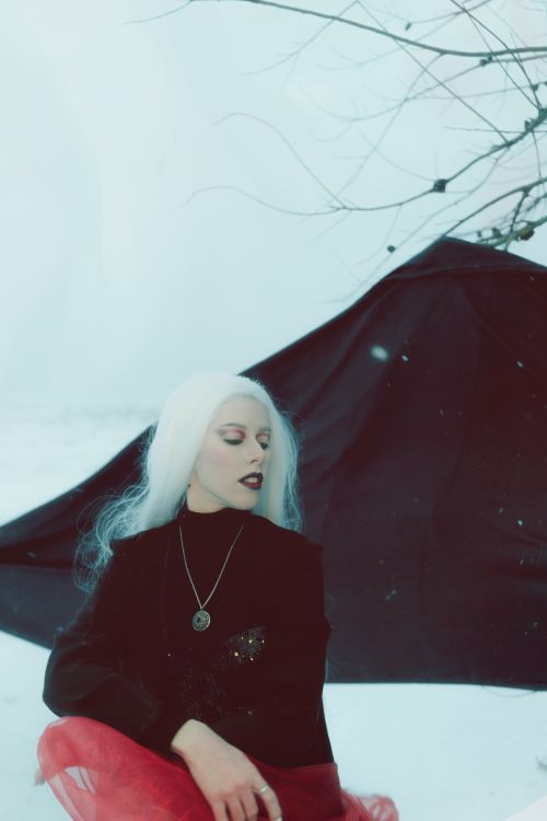 Free Thoughtful young Gothic female in Halloween costume sitting on snow near leafless tree and looking away against misty sky Stock Photo