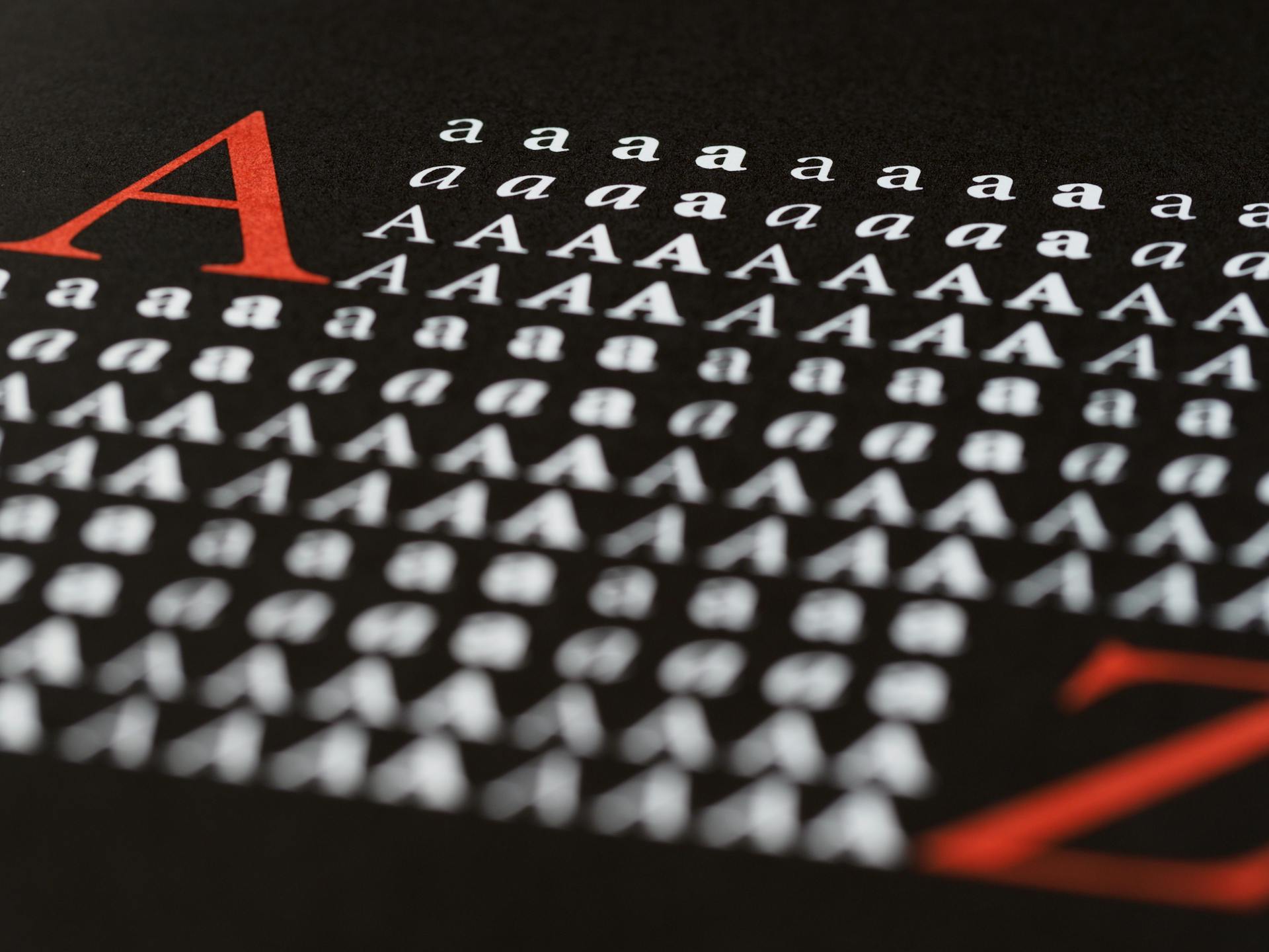 Close-up of typography featuring letters A and Z in various fonts on a black background.