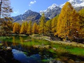 秋日宁静，湖水倒映着山脉与金色的树木