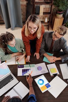Top view of a diverse group discussing business reports and charts around a desk.