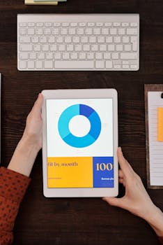 A person holds a tablet showing a business graph next to a keyboard on a wooden desk.