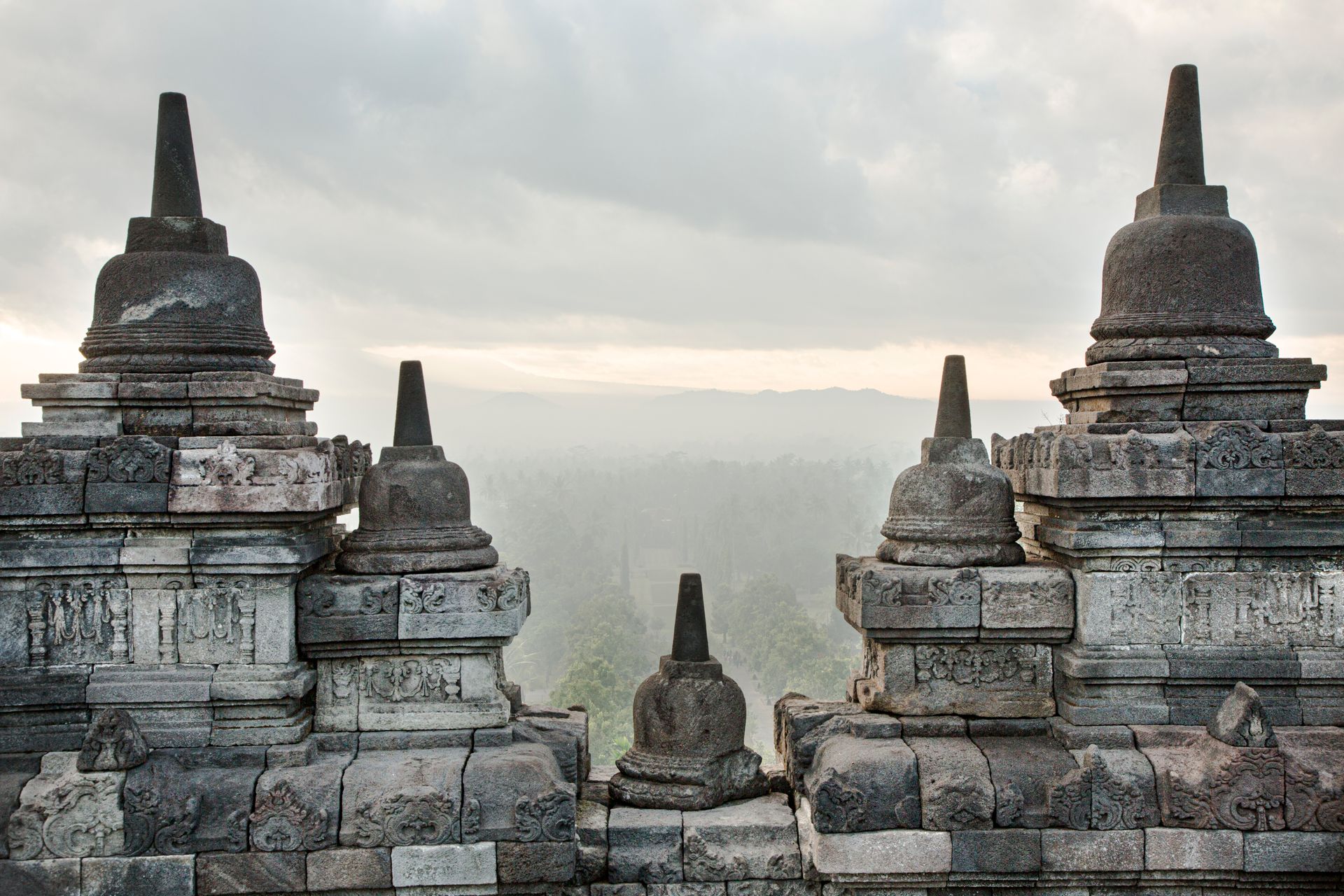 Stunning foggy landscape view of Borobudur Temple