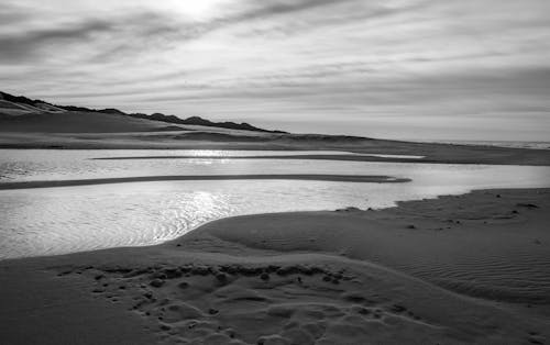 Black and white of endless desert with rippling calm water of pond under cloudy sky