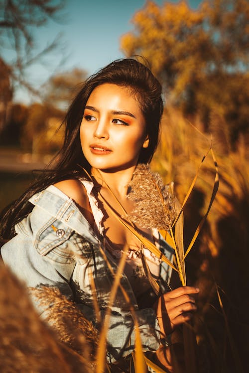 Woman in Denim Top