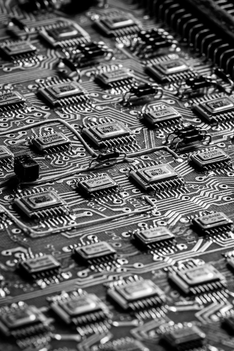 Close-up of a printed circuit board populated with integrated circuit chips