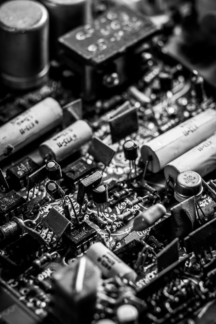 Parts Of A Motherboard In Grayscale Photography