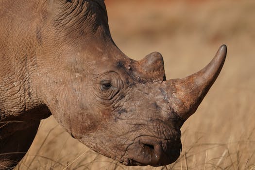 A detailed close-up of a white rhinoceros showcasing its distinctive horn and wrinkled skin.