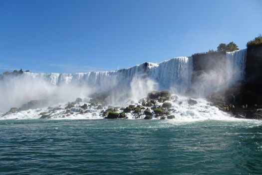 Majestic Niagara Falls cascading with mist against a clear blue sky.