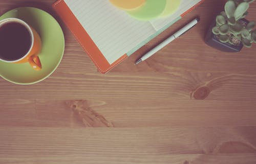 Белая и серая ручка рядом с суккулентным цветком и бумага с белой линией возле оранжевой керамической кружки с черным кофе