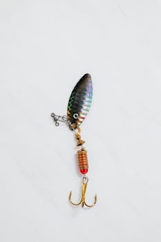 Vibrant fishing lure with hooks displayed on a clean white background.