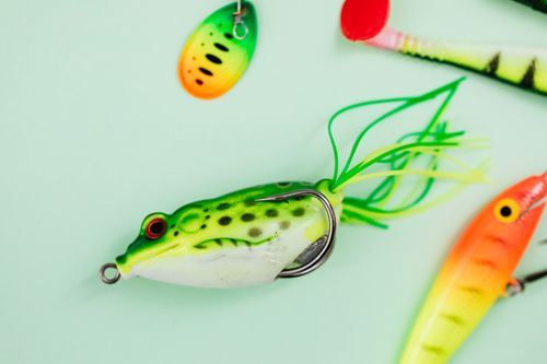 Free Vivid collection of fishing lures in various shapes and colors on a soft mint background. Stock Photo