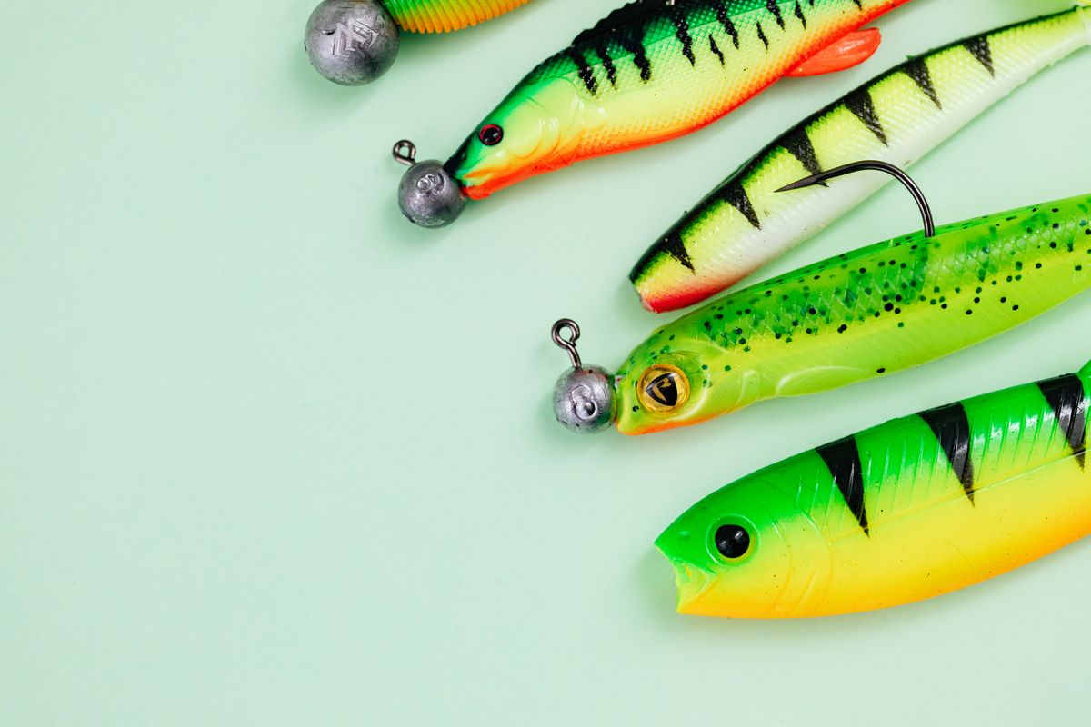 Close-up of fishing jigs, lures and hooks used for walleye