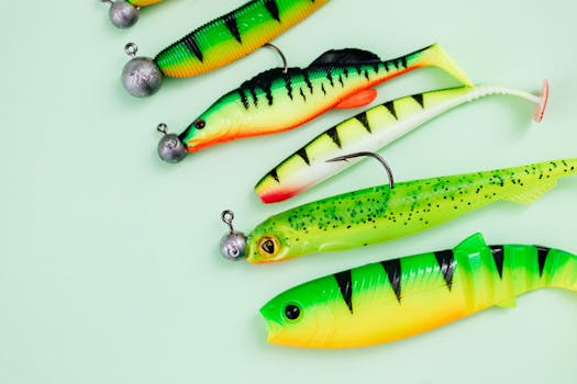 Vibrant fishing lures on green background, ideal for angling enthusiasts.