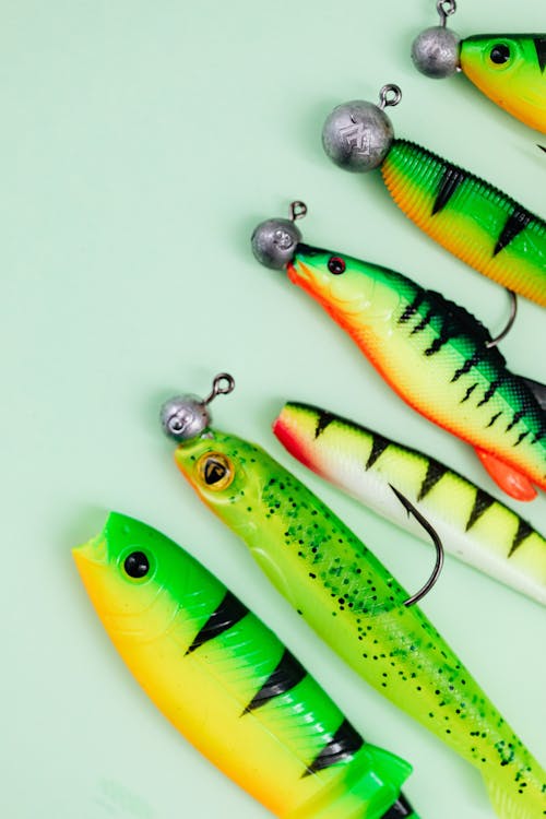 Green and Black Fishing Baits in Mint Green Surface