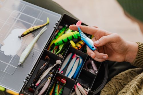 Free Person holding a colorful fishing lure above a well-organized tackle box full of assorted baits. Stock Photo