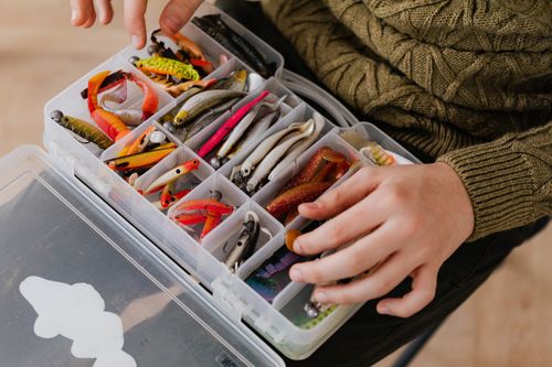 Free Close-up of assorted fishing lures neatly arranged in a plastic tackle box held by a person. Stock Photo