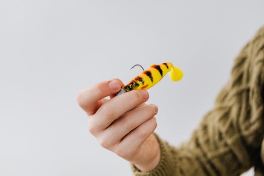 A close-up image of a hand holding a colorful fishing lure. Ideal for hobby or fishing content.