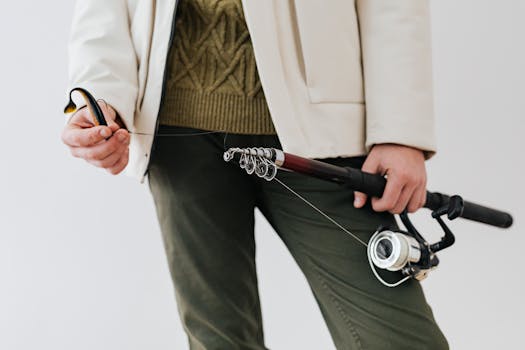 A person in outdoor attire holding a fishing rod with bait, showcasing fishing equipment details.