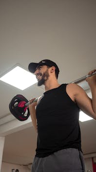 A bearded man smiling while lifting weights indoors, wearing a black tank top.