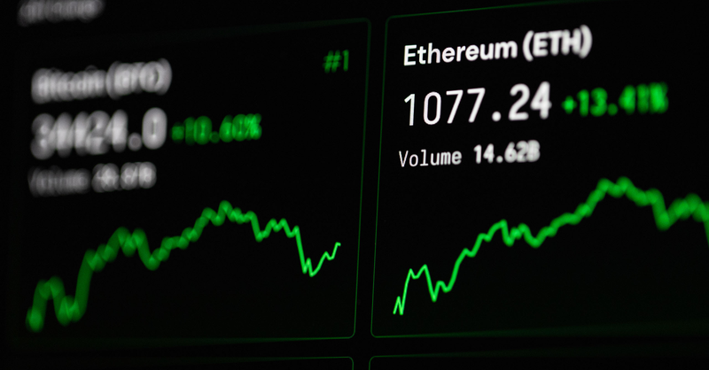 Abstract editorial data-visualization illustration in balanced, blue-toned tones representing the cryptocurrency and digital-asset market — crypto scenario analysis.