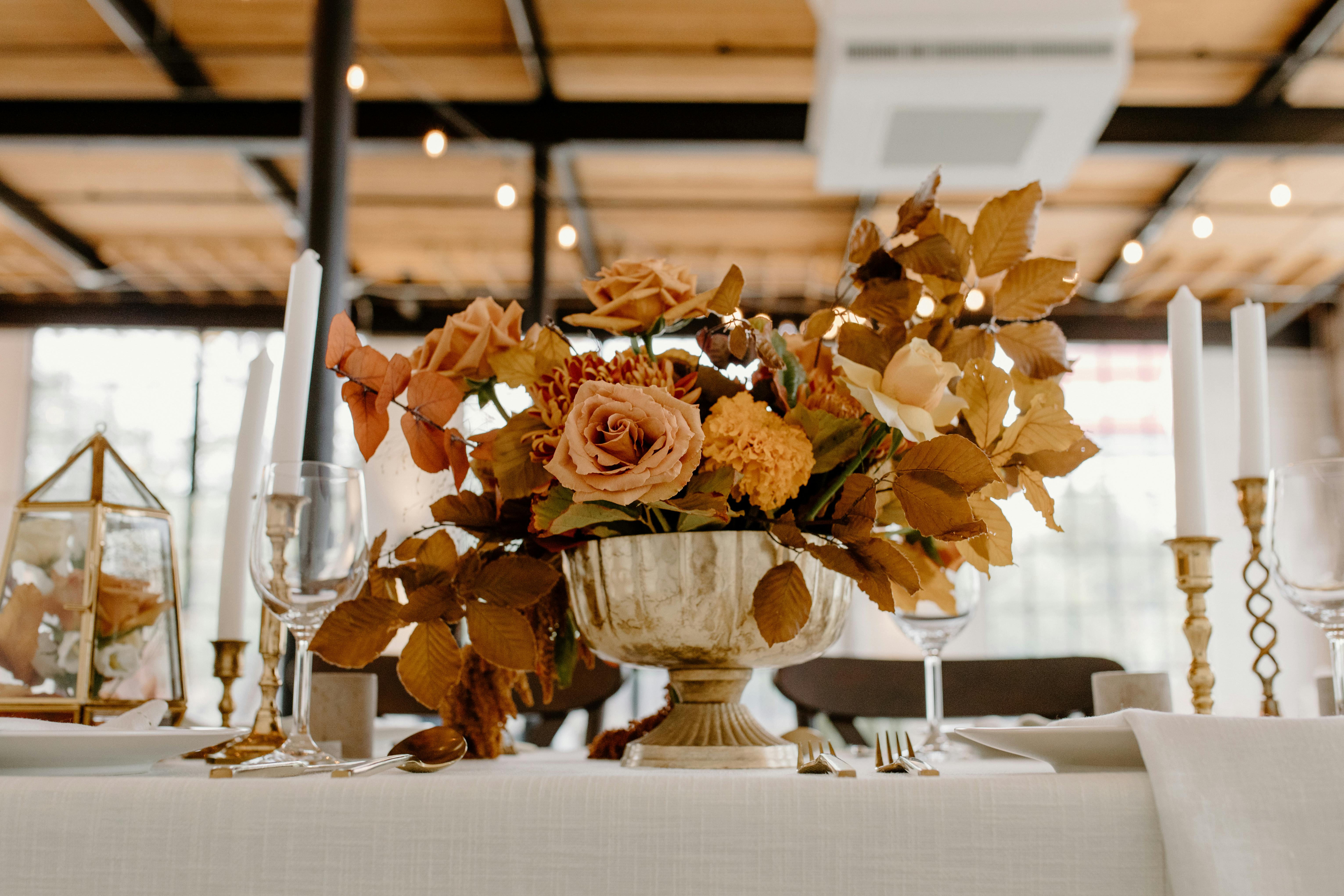 table setting with bouquet and wineglasses