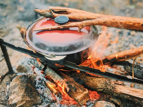Hot pot on metal racks placed on burning bonfire with log while cooking during camping in woods on blurred background