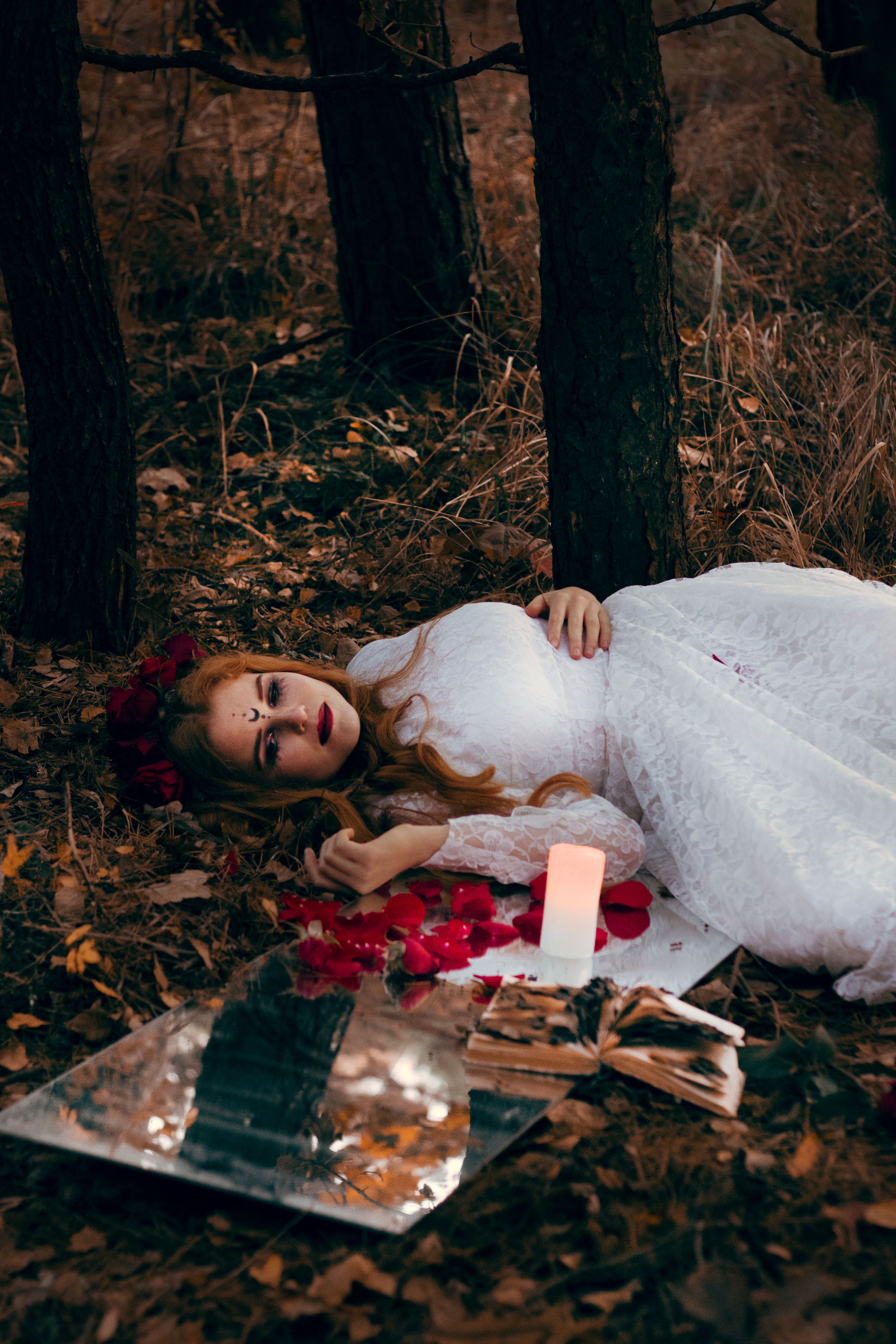 Woman in a White Dress Sitting on the Ground in the Forest · Free Stock ...