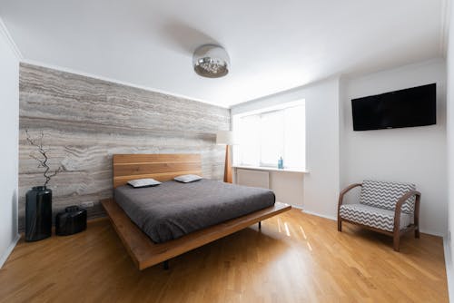 Modern light apartment interior with bed near TV and armchair near vases with branch near window and lamp on ceiling