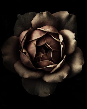 Close-up of a withered rose with dramatic lighting creating a cinematic effect.