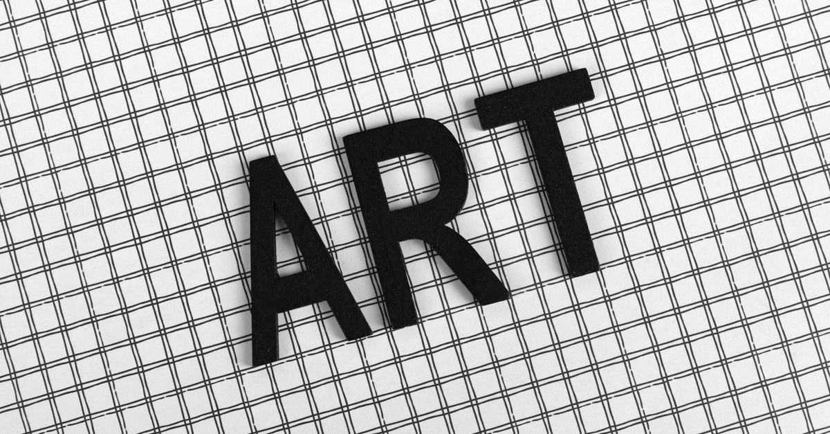 Black letters spelling 'ART' on a black and white grid pattern creates a conceptual visual.