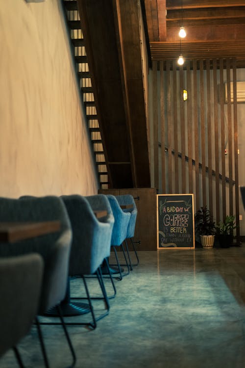 Free stock photo of chairs, chalk board, coffee