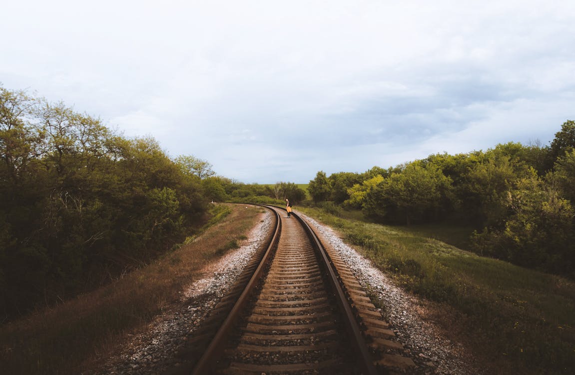 Empty narrow straight railway tracks with pebbles running through grassy woodland with lush green trees against cloudy sky in countryside