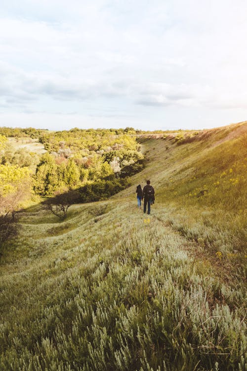 Unrecognizable people hiking in hilly terrain