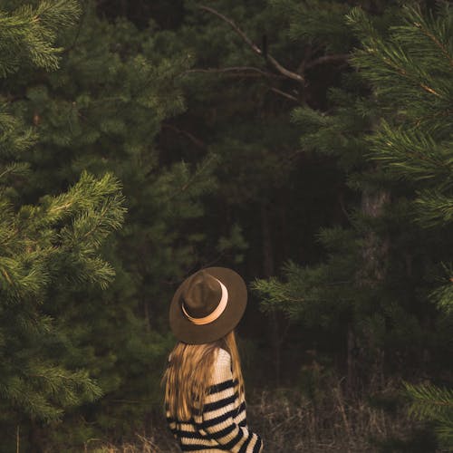 Side view of anonymous female with long hair in stylish headdress standing near branches of fir and pine in forest