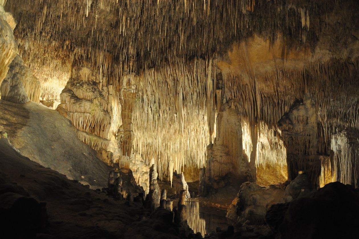Formațiuni de stalactite într-o peșteră calcaroasă — imagine ilustrativă