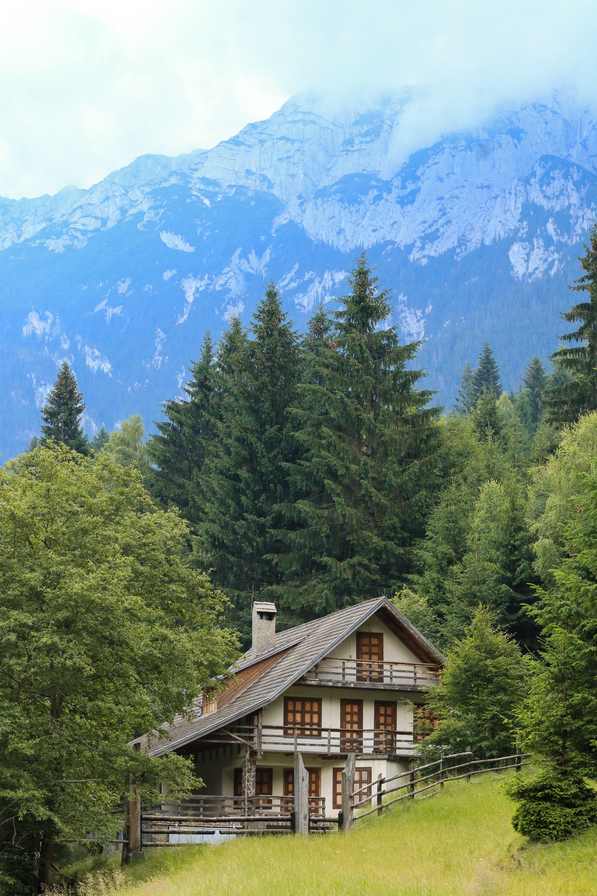 Wooden house beneath forested Carpathian mountains.