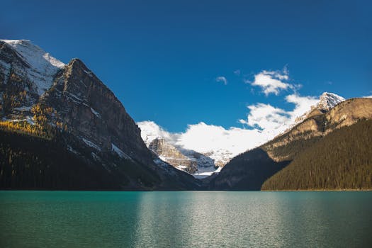 Experience the breathtaking beauty of Lake Louise in Alberta, capturing crystal waters and majestic snowy peaks.