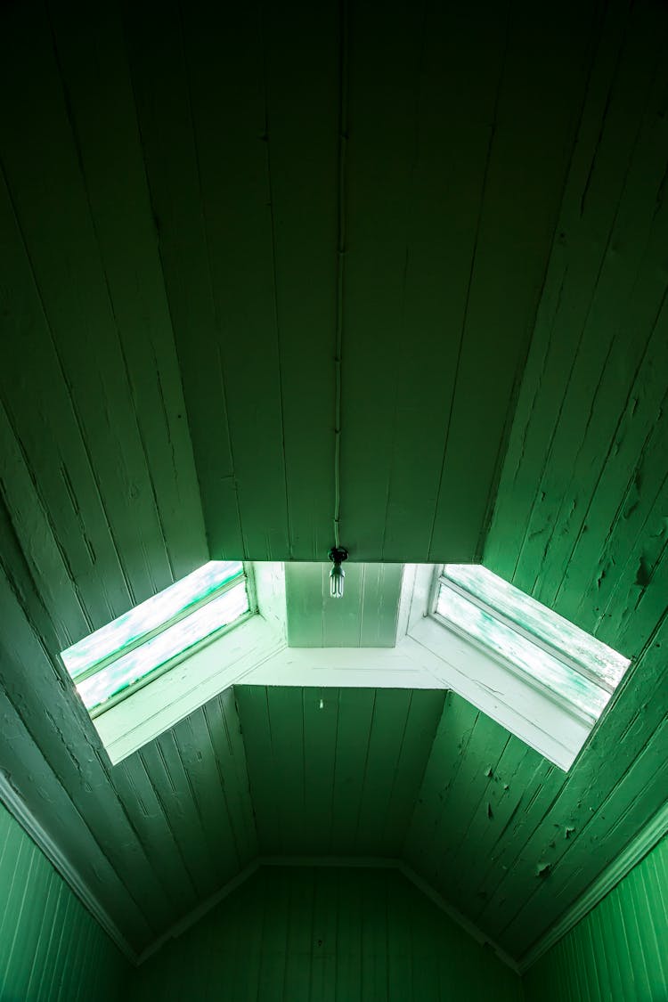 Green Painted Wood Interior Ceiling And Wall With Glass Windows Design