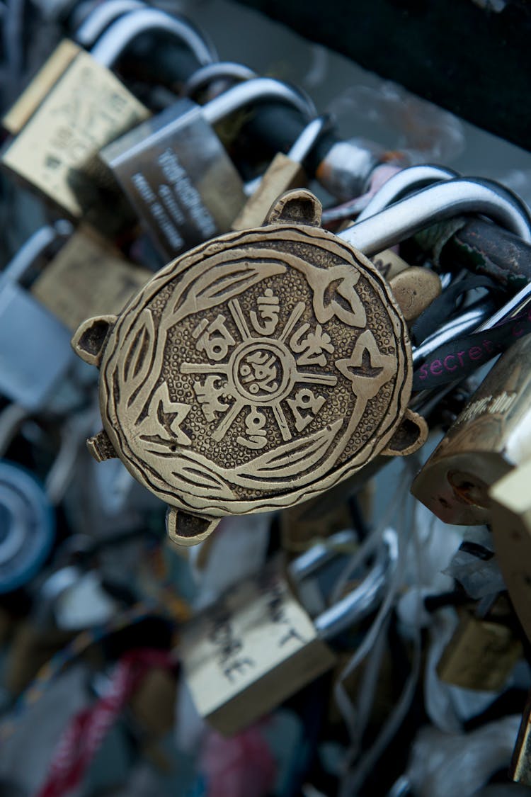 Tibetan Antique Brass Lock Attached On Metal Fence