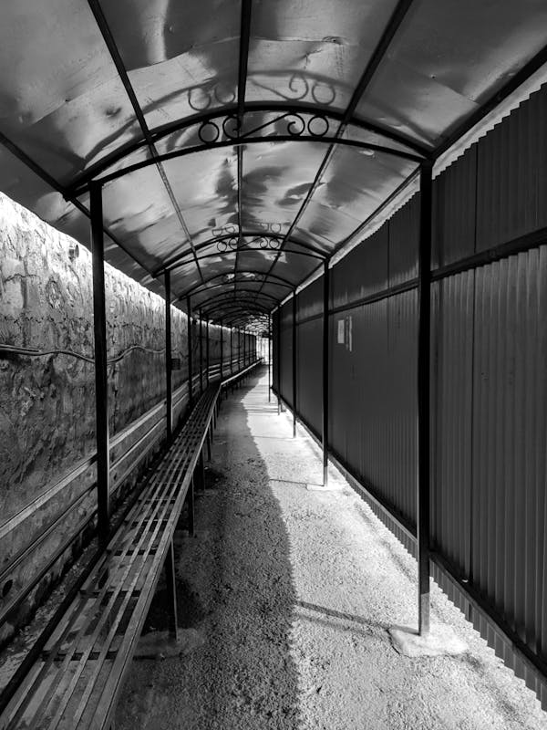Covered Walkway in Black and White Photo
