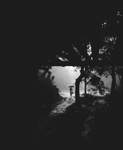 Grayscale Photo of Person Walking on Road on a Rainy Day