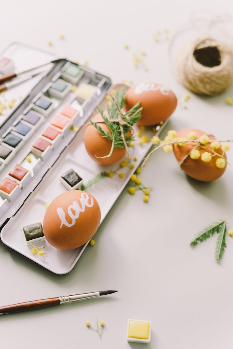 Brown Painted Eggs On A Watercolor Palette