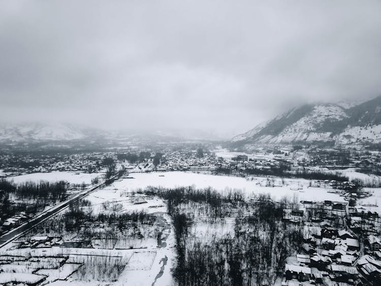 Aerial View Of A Frozen Dal Lake In Srinagar, Jammu And Kashmir, India