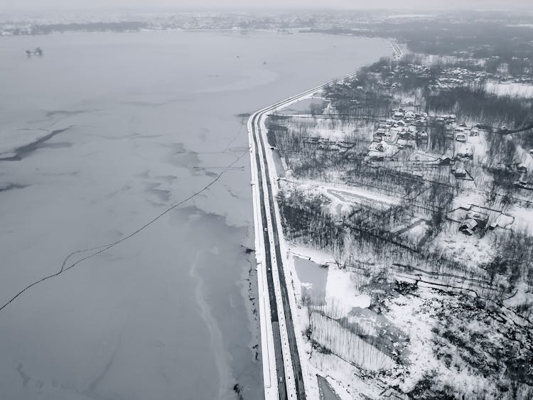 Aerial View Of Frozen Dal Lake In Srinagar, Jammu And Kashmir, India