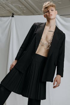 Stylish individual poses wearing black blazer and skirt in studio setting.