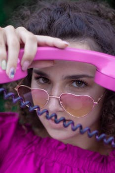 Close-up portrait of a young woman in purple with a vintage pink rotary phone and heart-shaped sunglasses.
